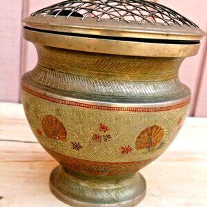 Brass Flower Frog Vase Etched Floral Design India Made 6 1/2" Wide Round